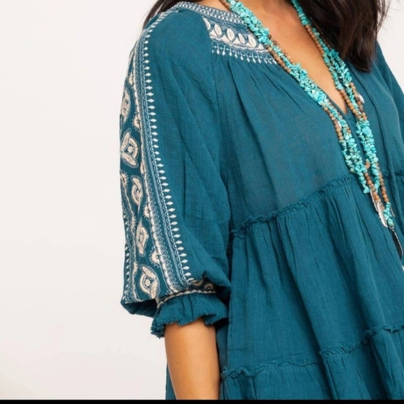 NWOT, Beautifully embroidered, turquoise free people tunic/dress. - Picture 2 of 11